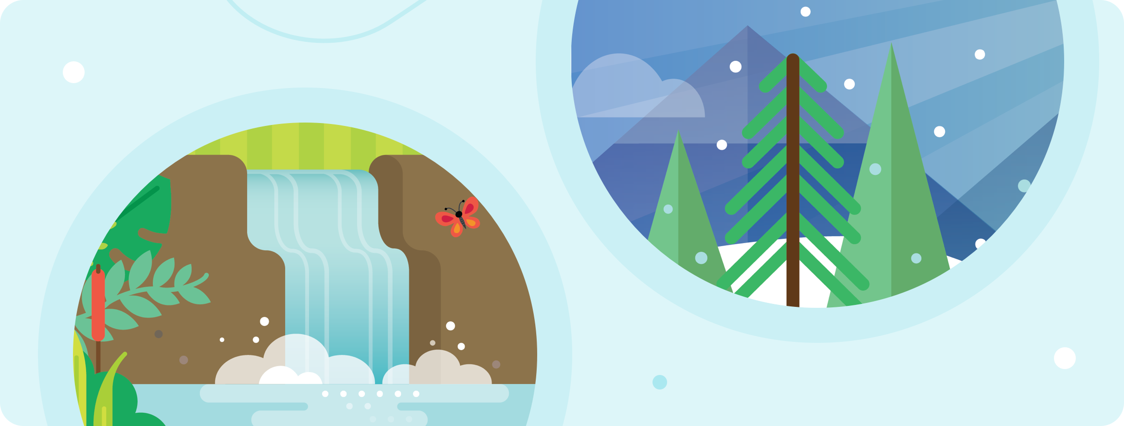 Seasonal challenges graphic showing a waterfall and forest. 