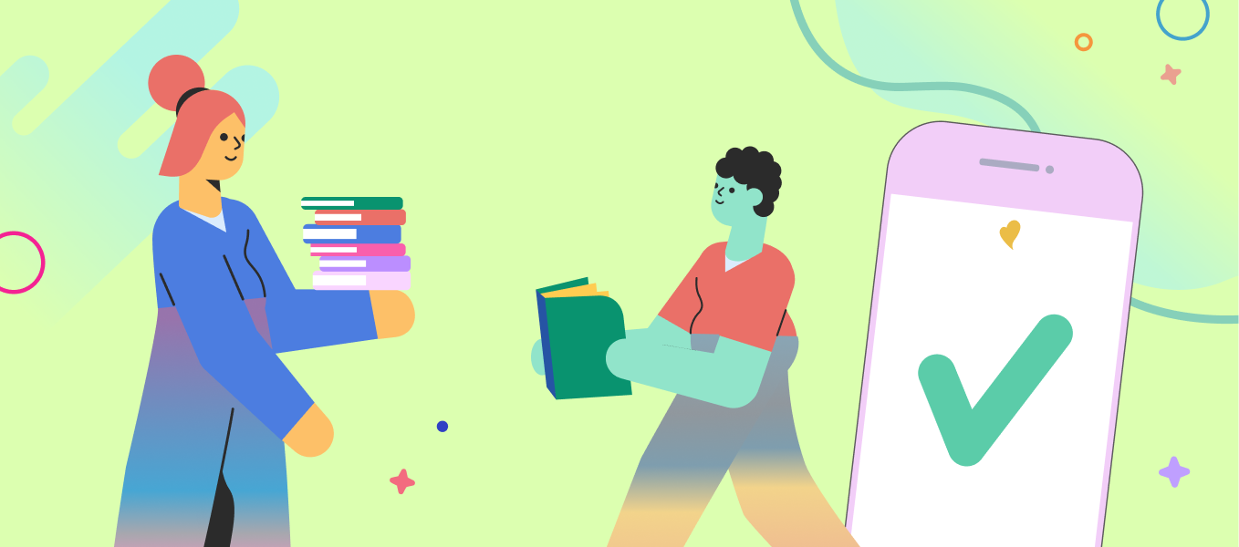 student and teacher with stack of books