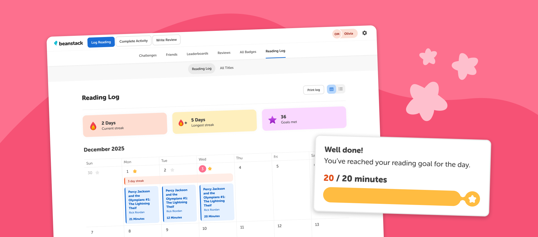 Beanstack Dashboard Showing New Daily Reading Goals