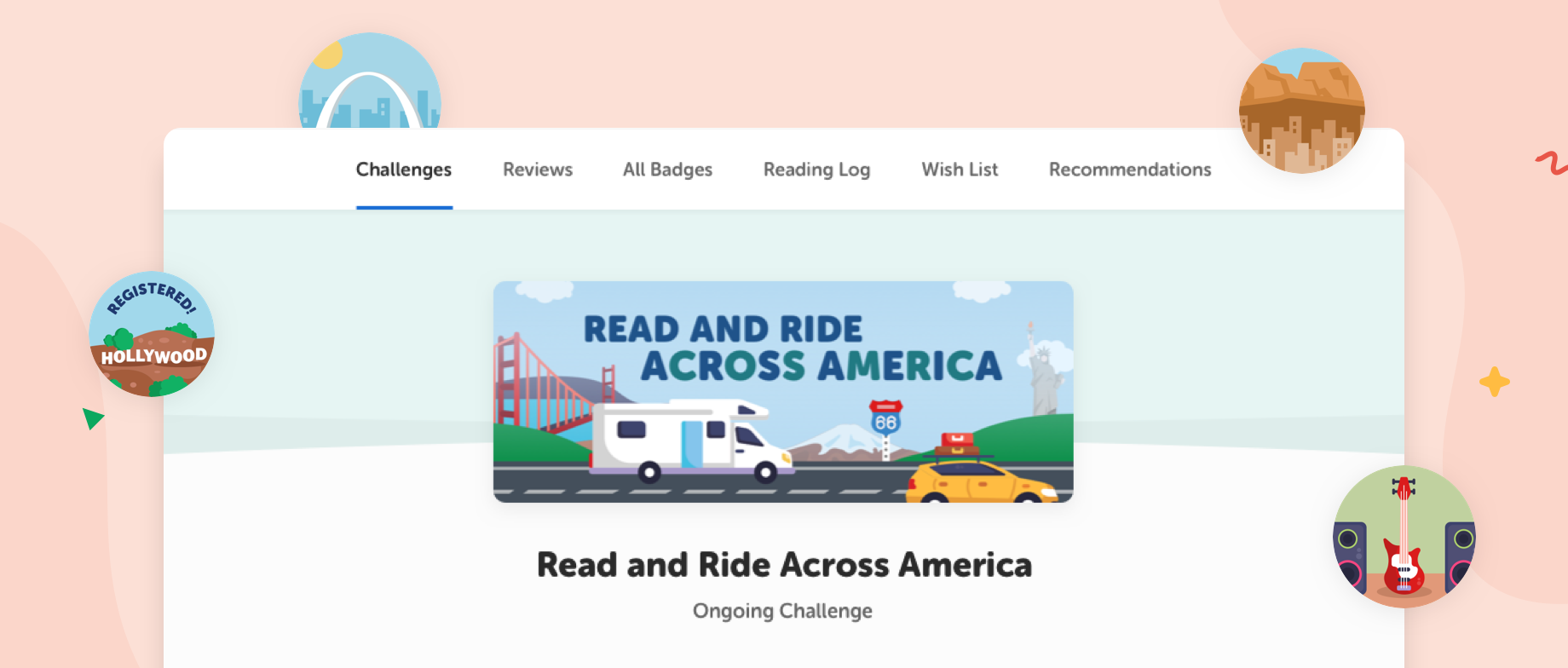 Read and Ride Across America banner showing a scenic landscape with an RV and car driving on a highway.