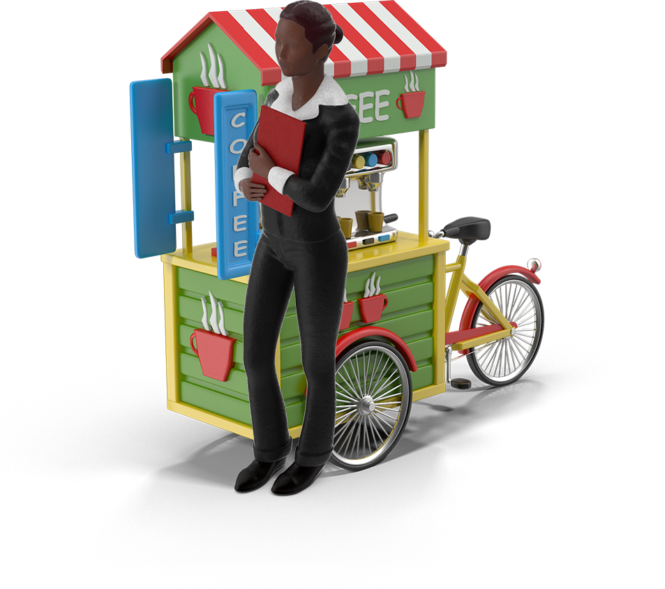 Businesswoman standing next to her cartoon coffee cart