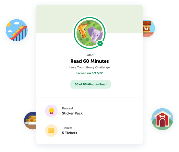 Reading challenge digital badge for completing sixty minutes read, featuring a giraffe and elephant face
