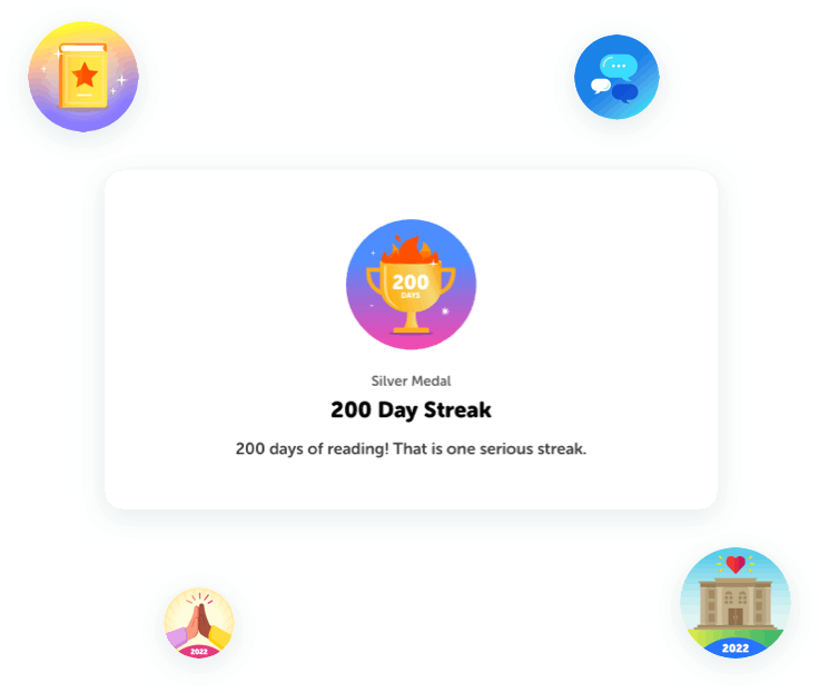 Digital badge with a trophy on it that is  earned for a 200 day reading streak