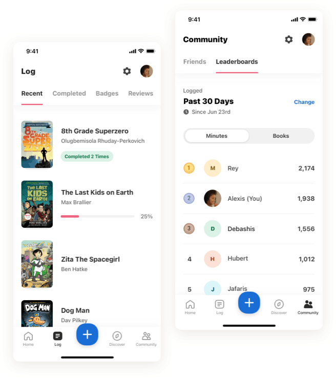 Beanstack reading log and leaderboard tracker displayed on a mobile device screen