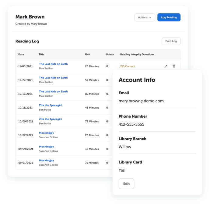 Reading log for library patron displaying individual reading sessions and patron contact information