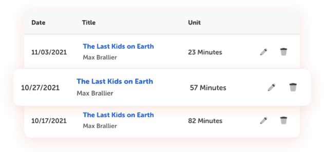 Student reading log tracking reading sessions for The Last Kids on Earth