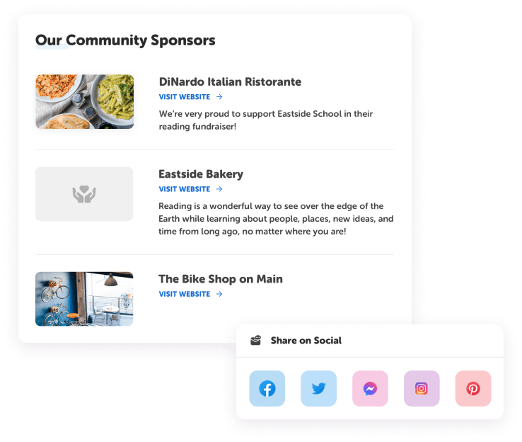 Reading fundraiser community sponsor page featuring local businesses