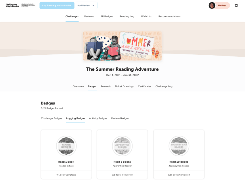 Example of a summer reading challenge with logging badges