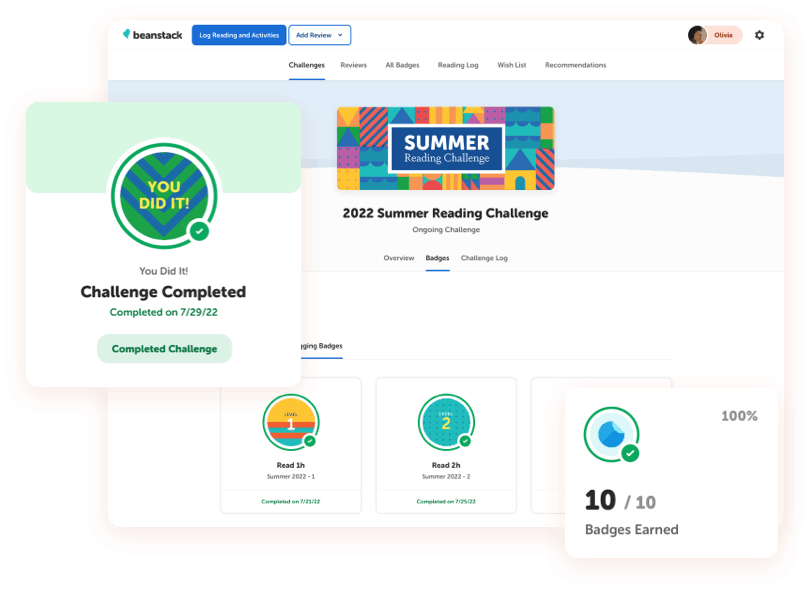 Beanstack product dashboard displaying summer reading challenge stats