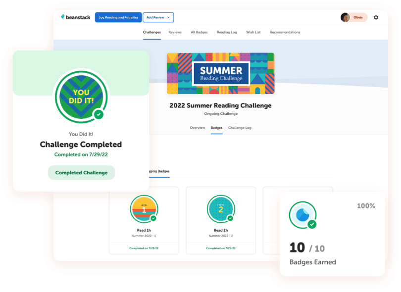 Beanstack product dashboard displaying summer reading challenge stats