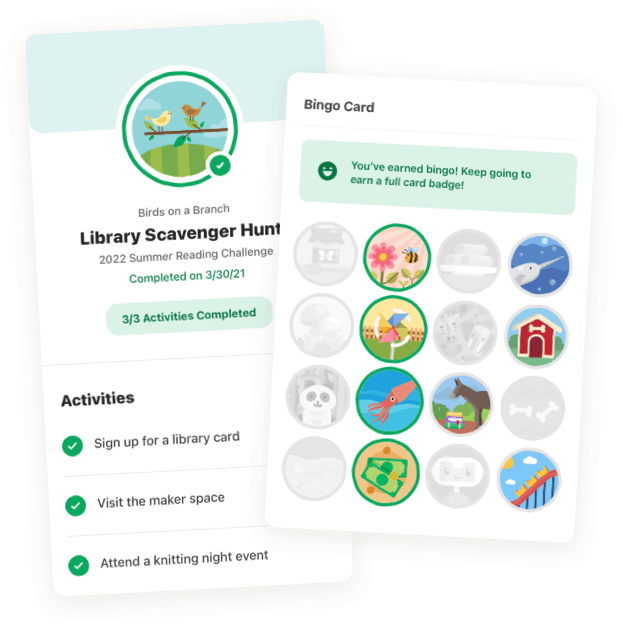 Digital bingo card with badges earned for logging reading and completing activities
