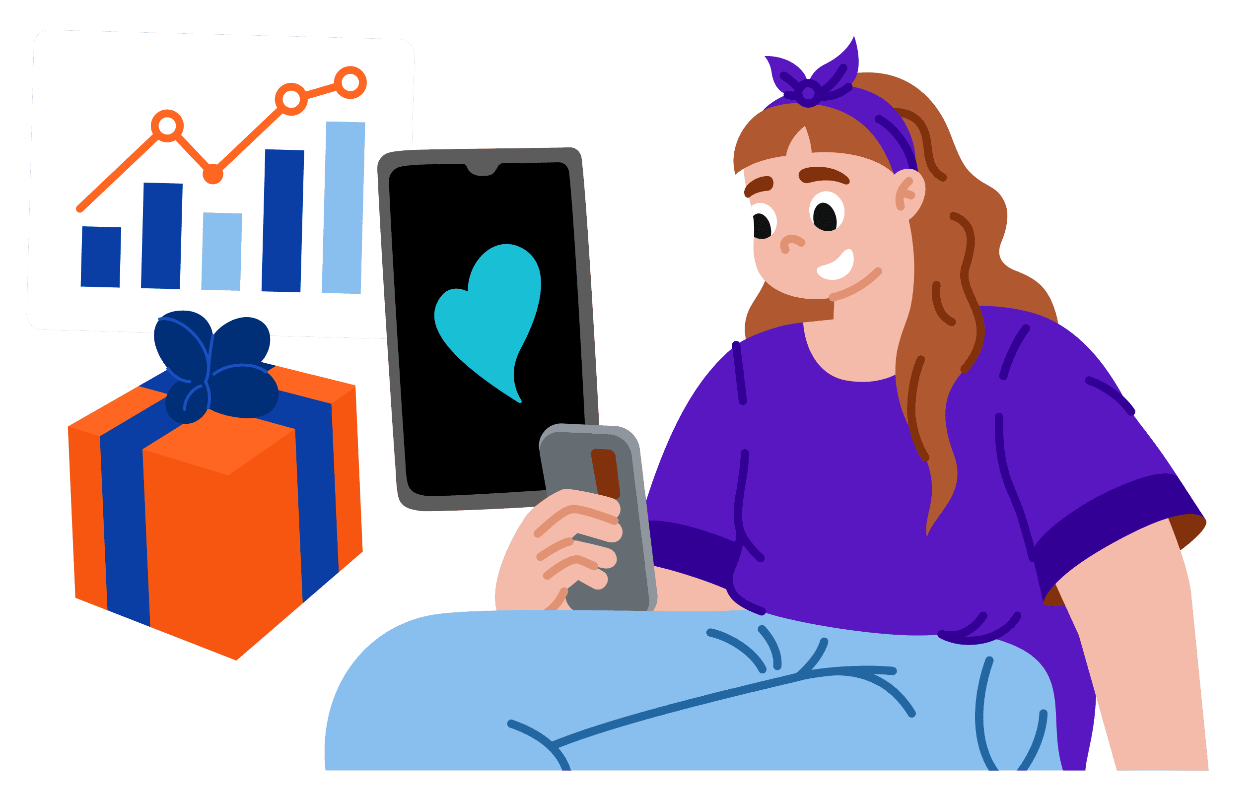 Smiling student logging their reading on a phone, with a progress chart and a gift box beside them representing goals and recognition