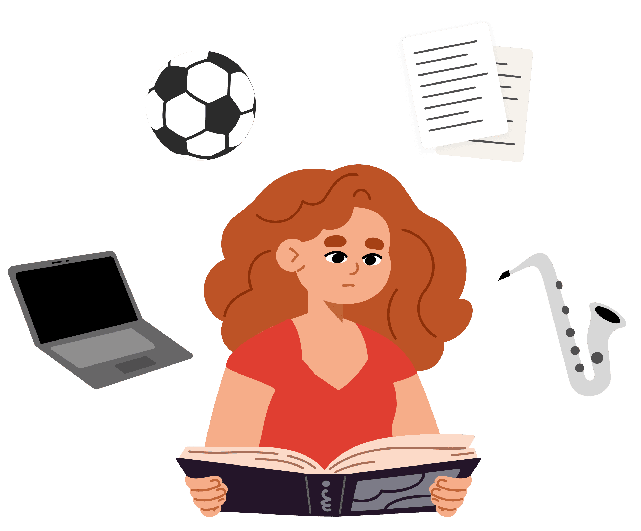Student holding an open book with a distracted expression, surrounded by a soccer ball, laptop, papers, and saxophone representing competing interests