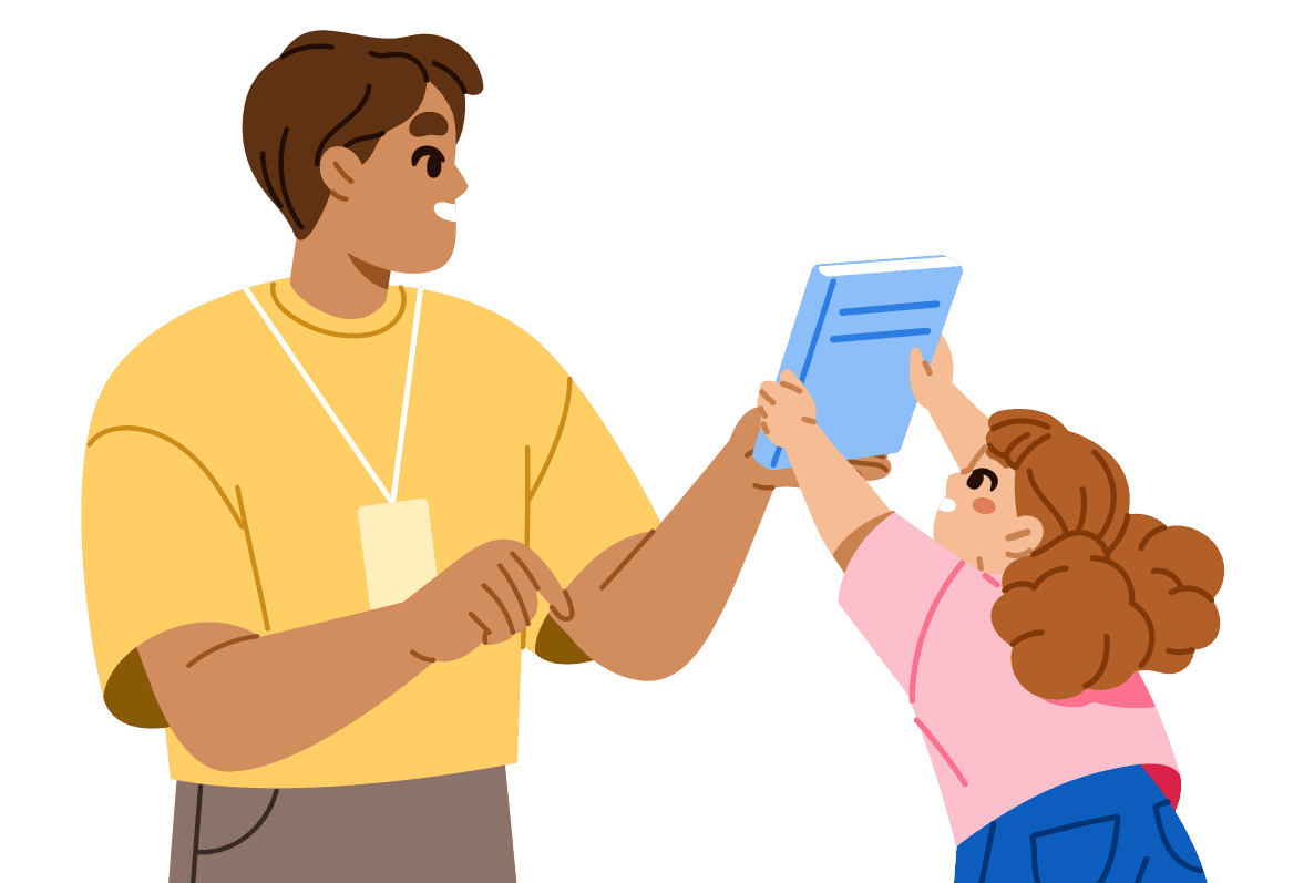 Illustration of a teacher handing a book to a student participating in a reading challenge