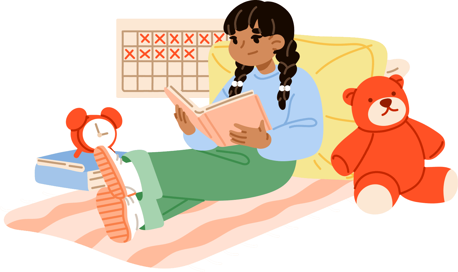 Illustration of a student reading beside a calendar tracking her reading progress