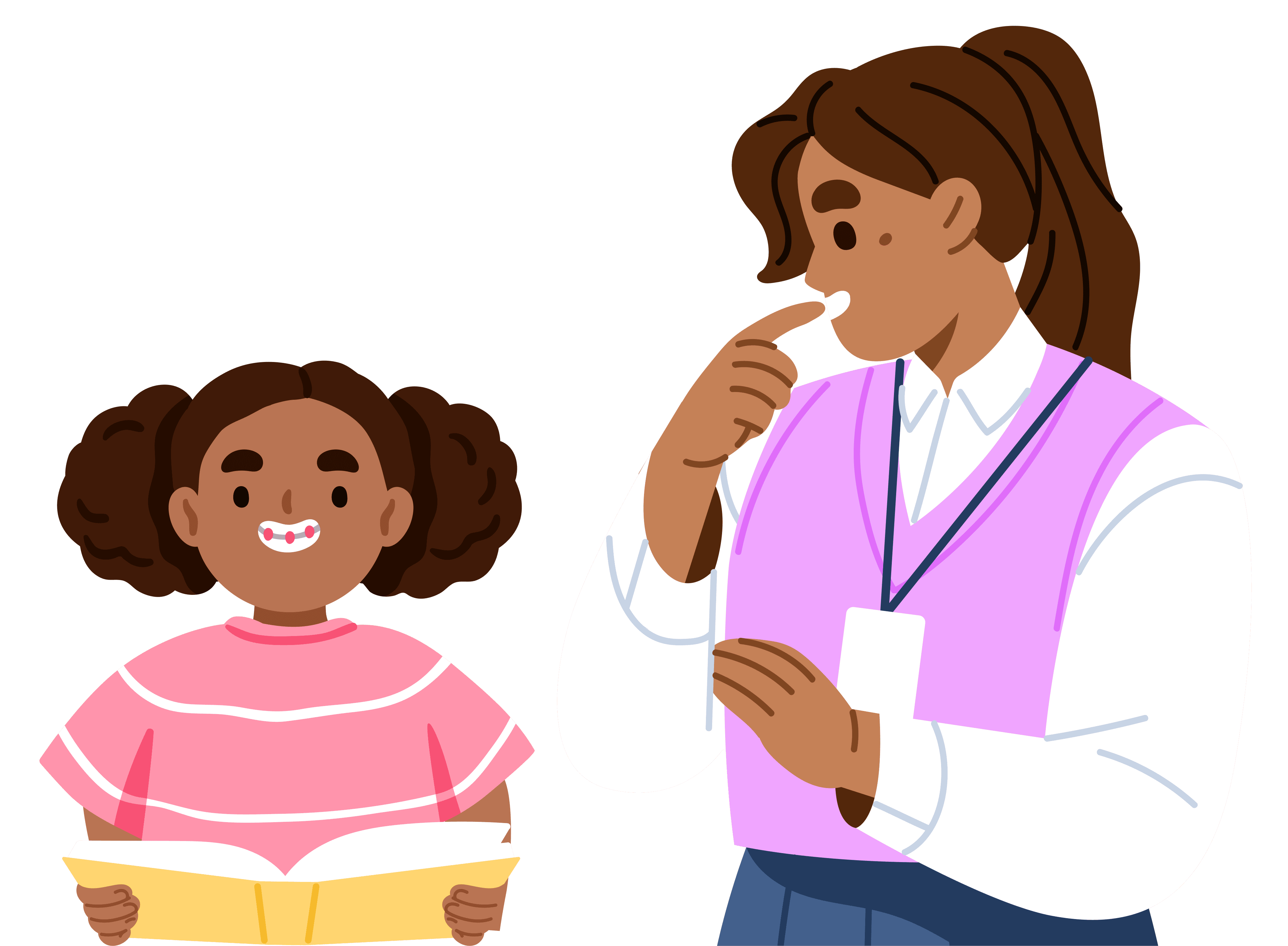 Illustration of a teacher encouraging a student as she reads a book independently