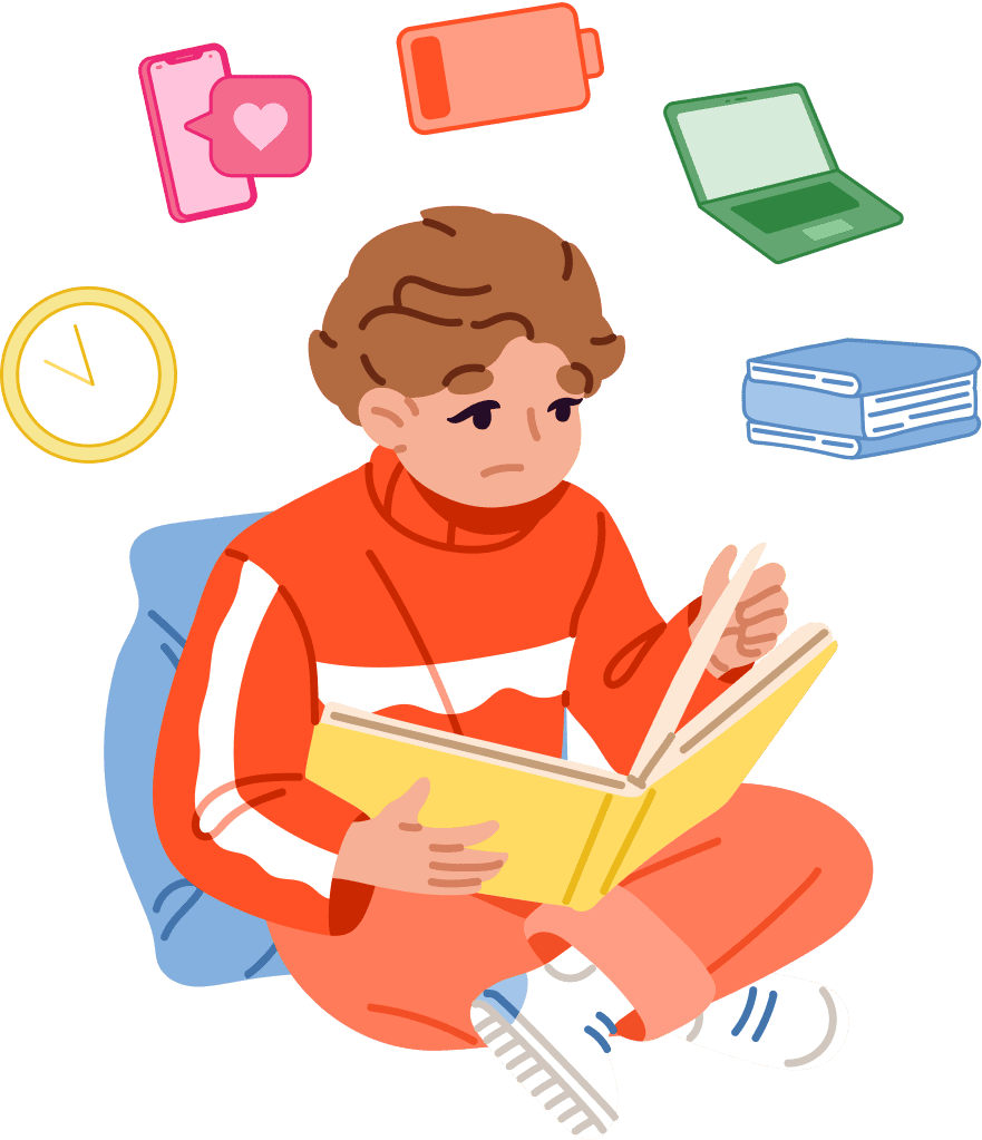 Child reading while surrounded by distractions like a phone, laptop, clock, and low battery