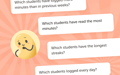 Benny surrounded by questions like “Which students have read the most minutes?”