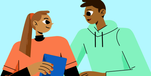 Two students talking about a book