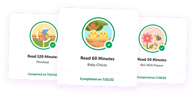 Beanstack digital badges earned for reading 20 and 60 minutes