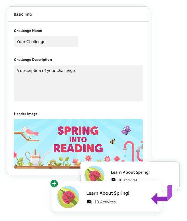 Beanstack setup form for a Spring Into Reading challenge with activities