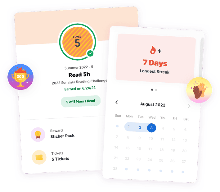 Beanstack reading challenge progress showing a five-hour goal, rewards, and a seven-day streak