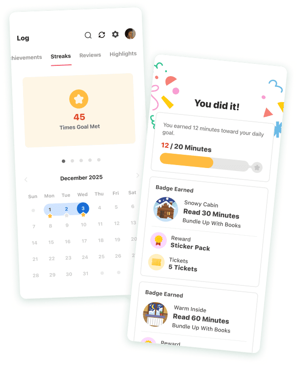 Beanstack reading log showing a 45-day goal streak, calendar, badges, and rewards