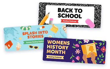 Beanstack reading challenge banners for back-to-school, summer, and Women's History Month