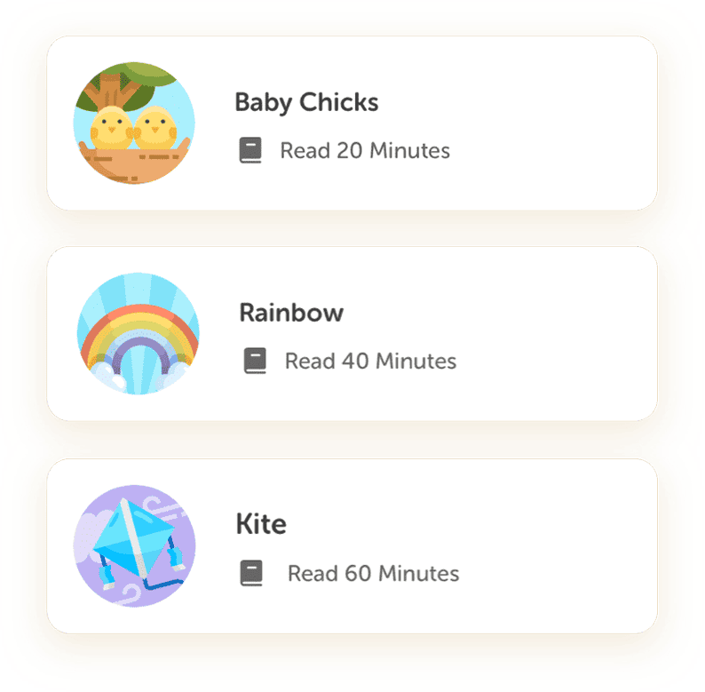 Beanstack reading badges for reading 20, 40, and 60 minutes