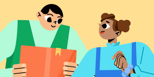 Illustration of two students reading and talking about a book