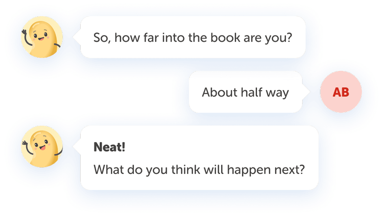 Student discussing a book with Beanstack Benny to encourage reading reflection