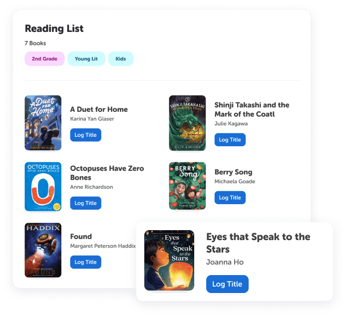 Classroom library reading list with titles including Eyes that Speak to Stars