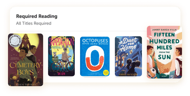 Classroom library books including Cemetary Boys and Snapdragon