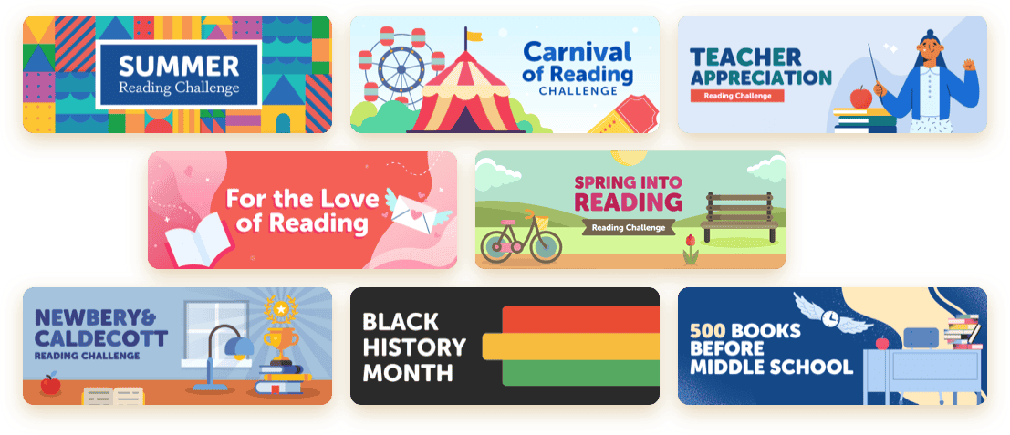 Reading challenge banners promoting Pride reading challenge and summer reading