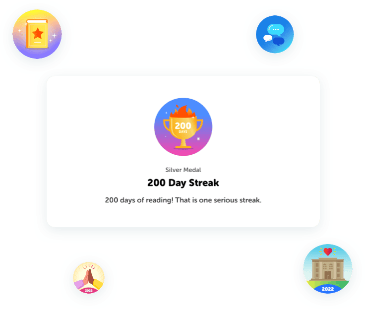 Digital badge with a trophy on it that is  earned for a 200 day reading streak