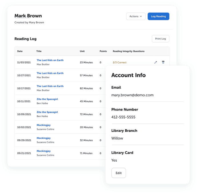 Reading log for library patron displaying individual reading sessions and patron contact information