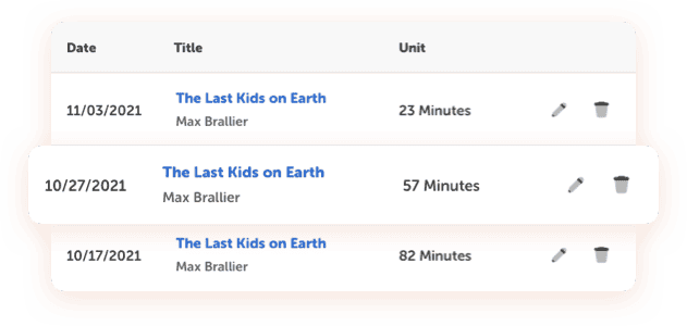 Student reading log tracking reading sessions for The Last Kids on Earth