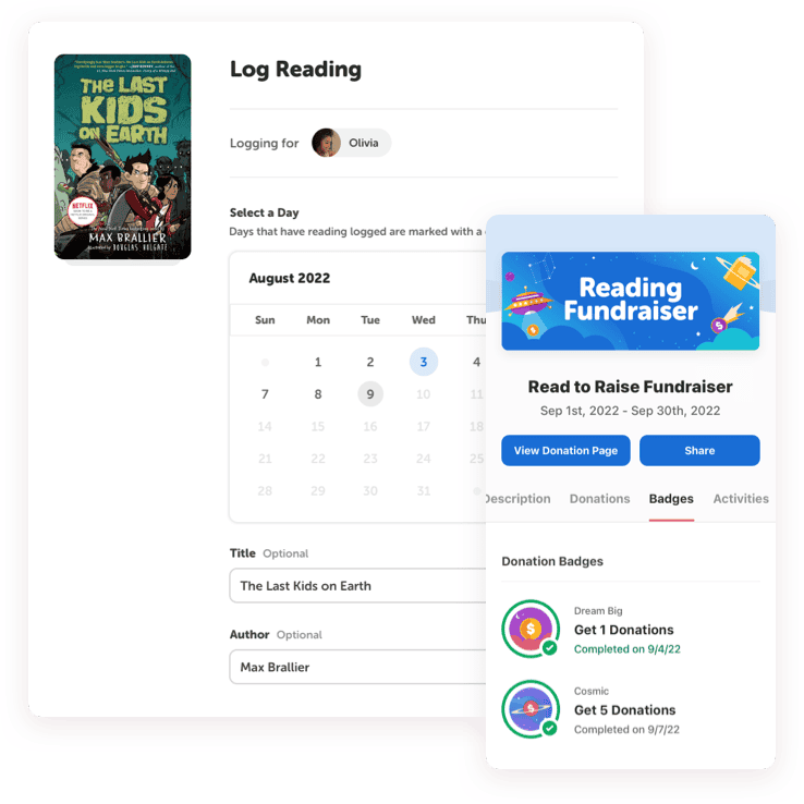 Reading fundraiser reading log for The Last Kids on Earth