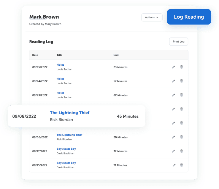 Reading fundraiser student reading log