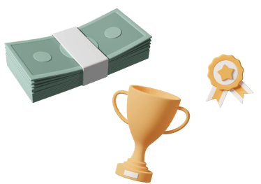 Cash, a trophy, and an award ribbon