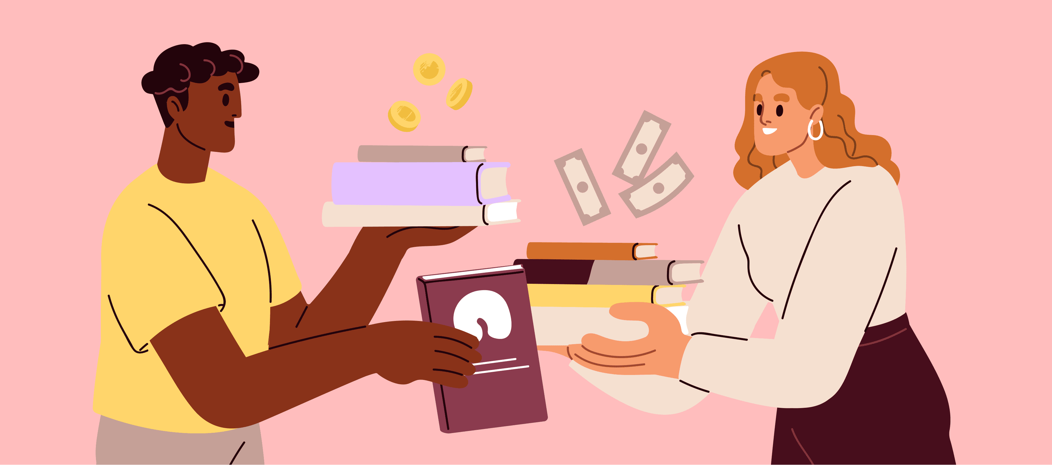 Two readers exchanging books and donations