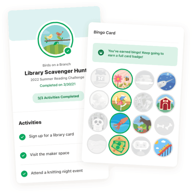 Digital bingo card with badges earned for logging reading and completing activities